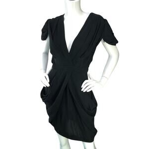 Prada Dress Womens 40 Black Short Sleeve Drape Ruched Deep V Made Italy Viscose
